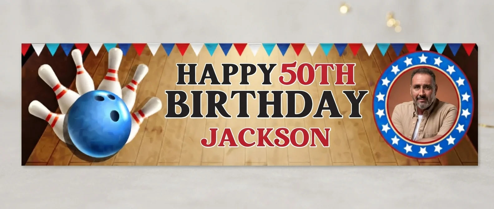 Personalised Bowling Theme Birthday Party Banner displayed against a plain studio background