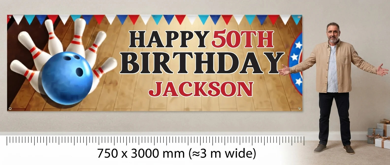 Person standing beside the Bowling Theme Birthday Party Banner for scale, with size guide showing 750 x 3000 mm