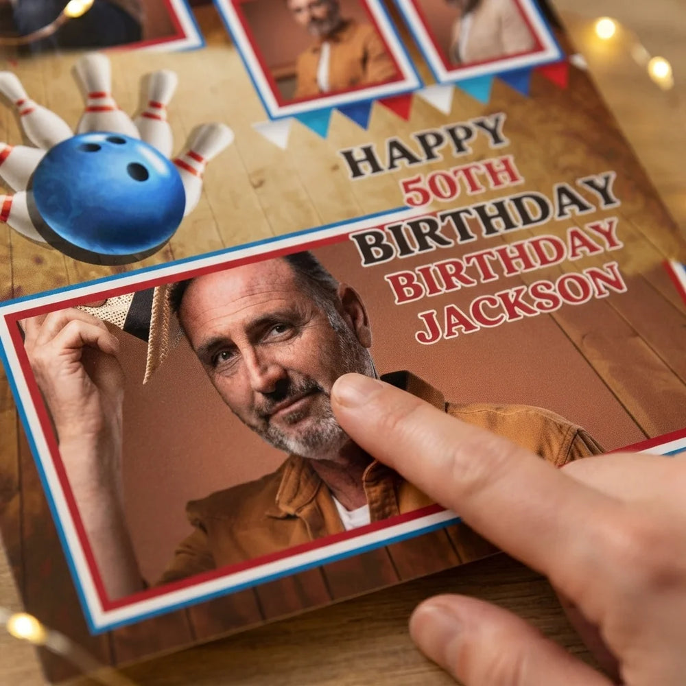 Close-up of the personalised name and photo printed on the Bowling Theme Birthday Party Mega Card