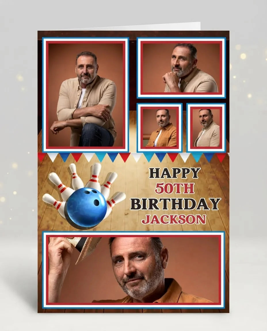 Personalised Bowling Theme Birthday Party Mega Card displayed against a plain studio background