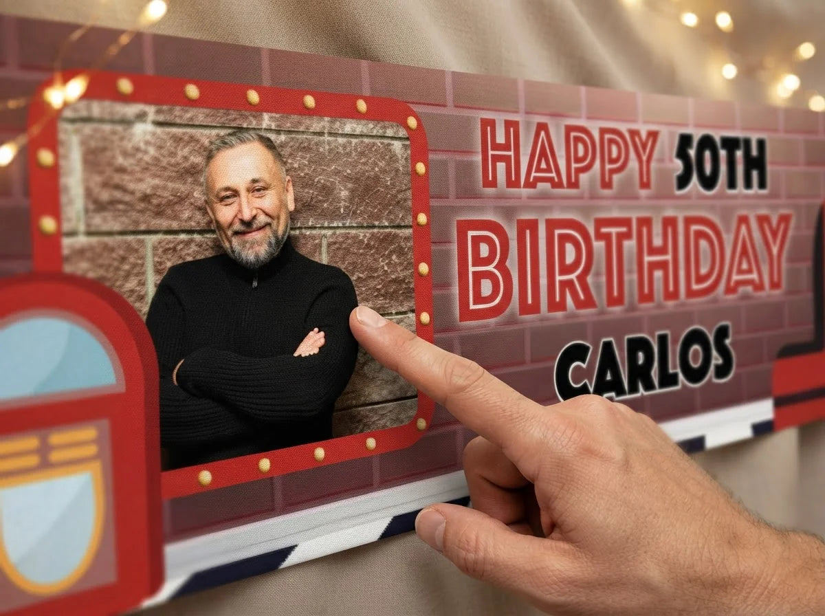 Close-up of the personalised name and photo printed on the Diner Theme Birthday Party Banner