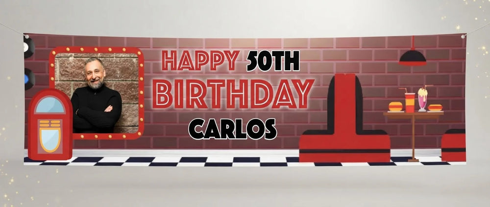 Personalised Diner Theme Birthday Party Banner displayed against a plain studio background