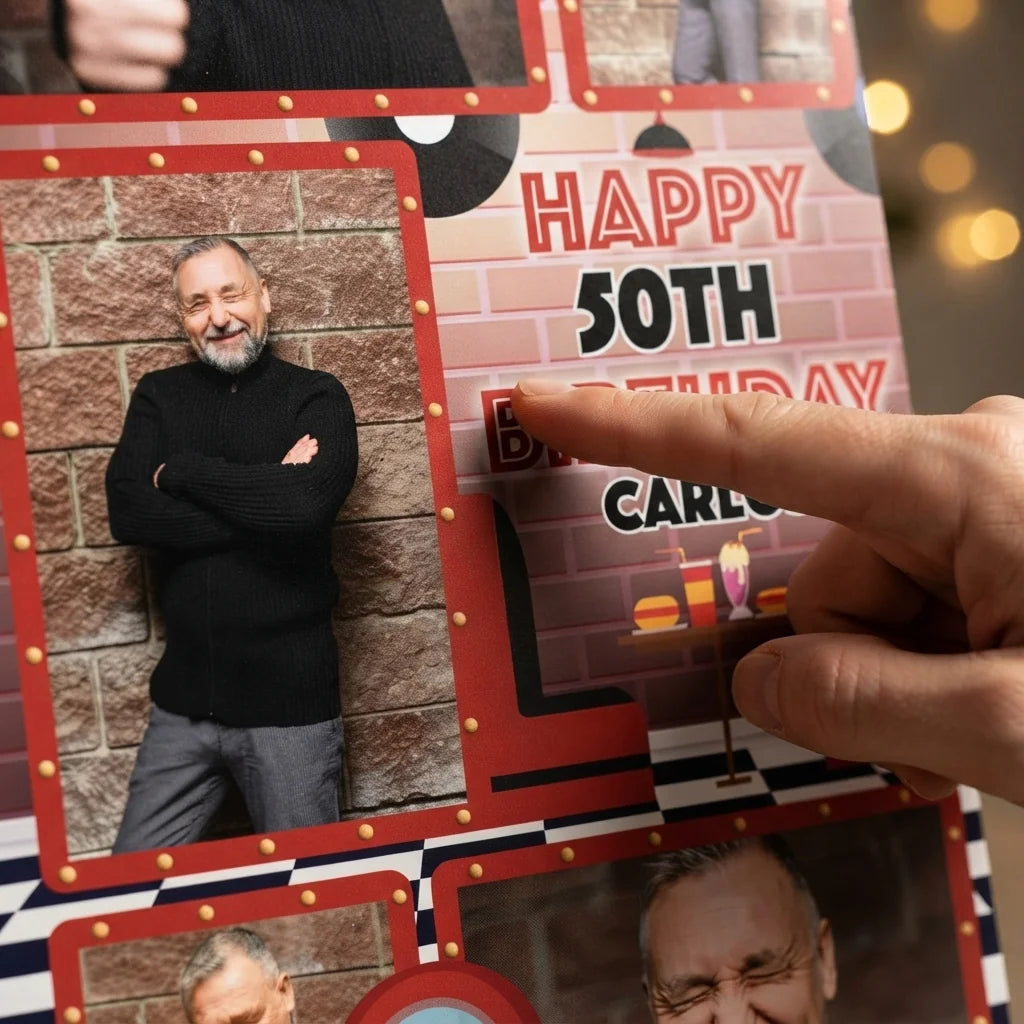 Close-up of the personalised name and photo printed on the Diner Theme Birthday Party Mega Card