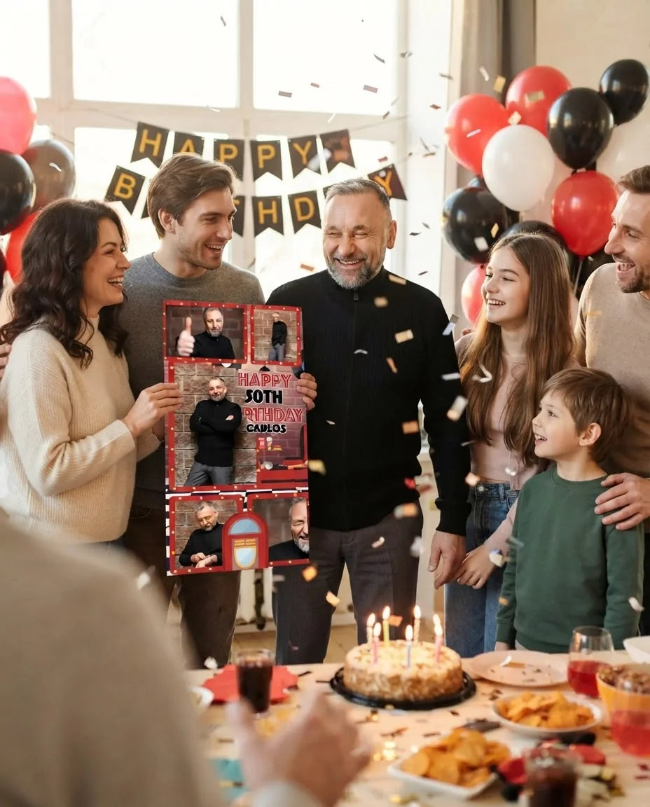 Friends and family celebrating with the personalised Diner Theme Birthday Party Mega Card