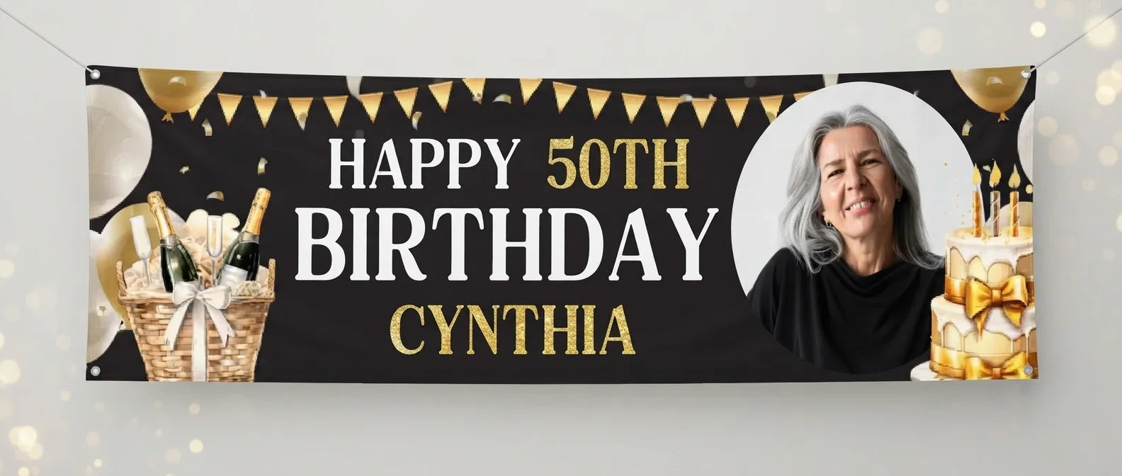 Personalised Golden Cake Birthday Party Banner displayed against a plain studio background