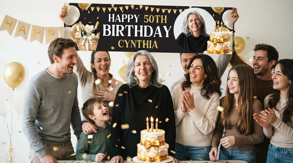 Friends and family celebrating with the personalised Golden Cake Birthday Party Banner