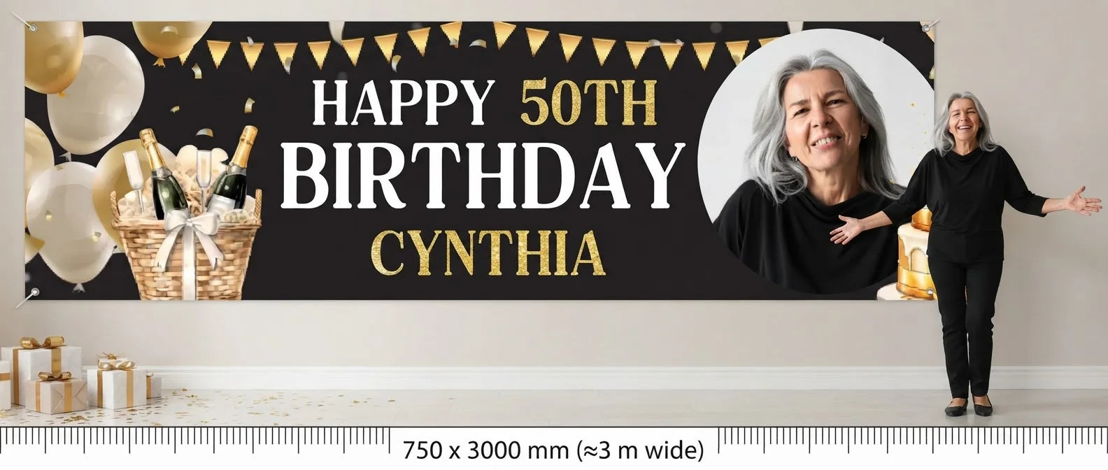 Person standing beside the Golden Cake Birthday Party Banner for scale, with size guide showing 750 x 3000 mm