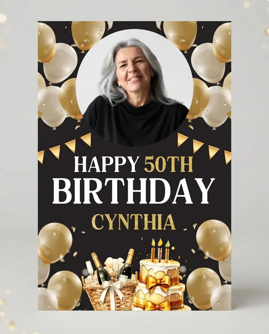 Personalised Golden Cake Birthday Party Mega Card displayed against a plain studio background
