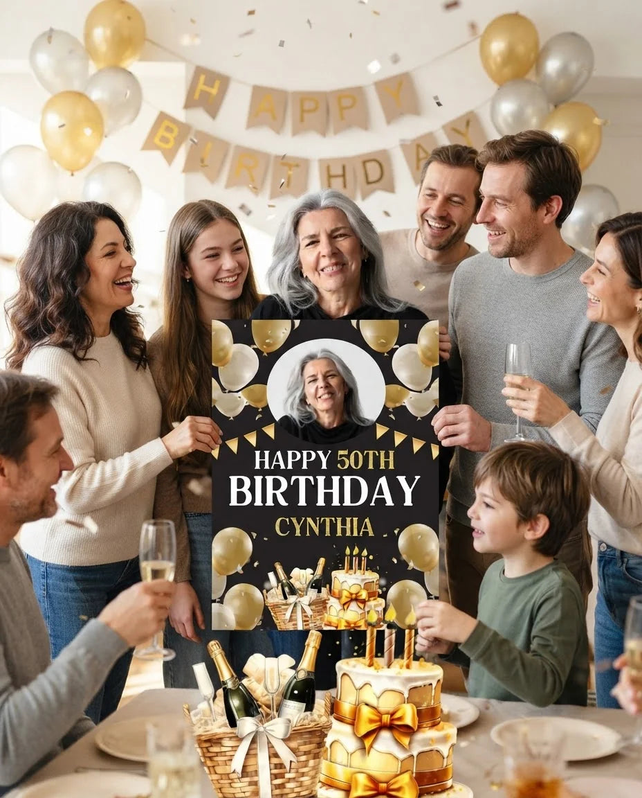 Friends and family celebrating with the personalised Golden Cake Birthday Party Mega Card