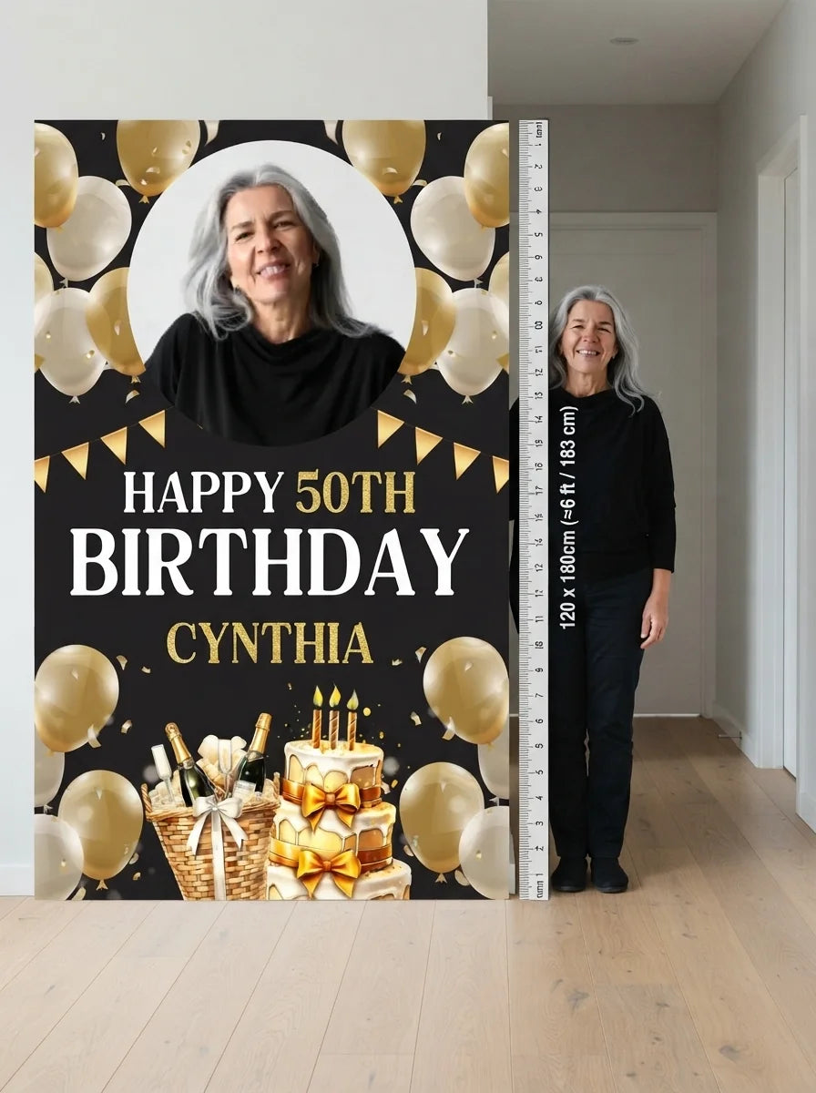 Person standing beside the Golden Cake Birthday Party Mega Card for scale in a size guide