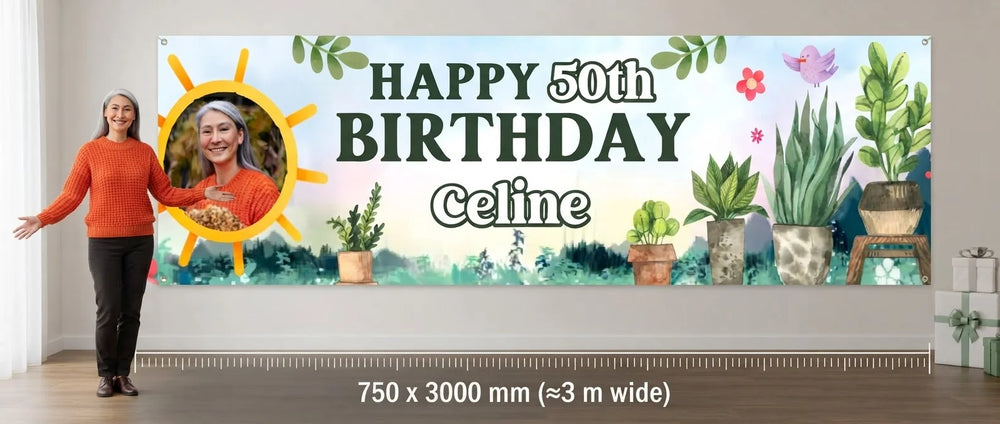 Person standing beside the Plant Lover Birthday Party Banner for scale, with size guide showing 750 x 3000 mm