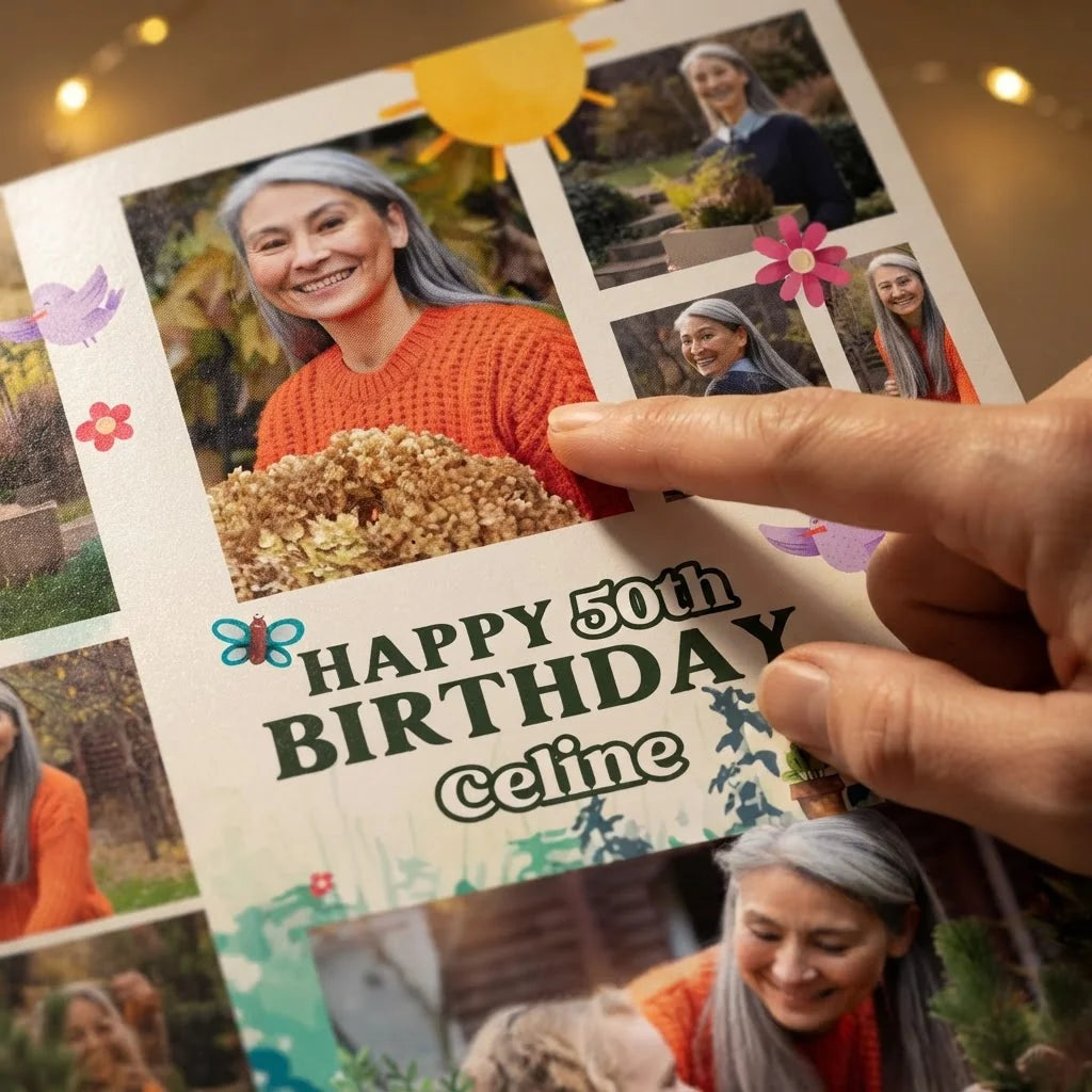Close-up of the personalised name and photo printed on the Plant Lover Birthday Party Mega Card