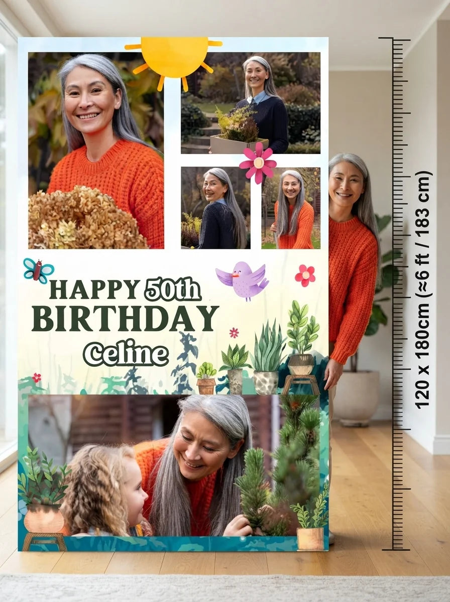 Person standing beside the Plant Lover Birthday Party Mega Card for scale in a size guide
