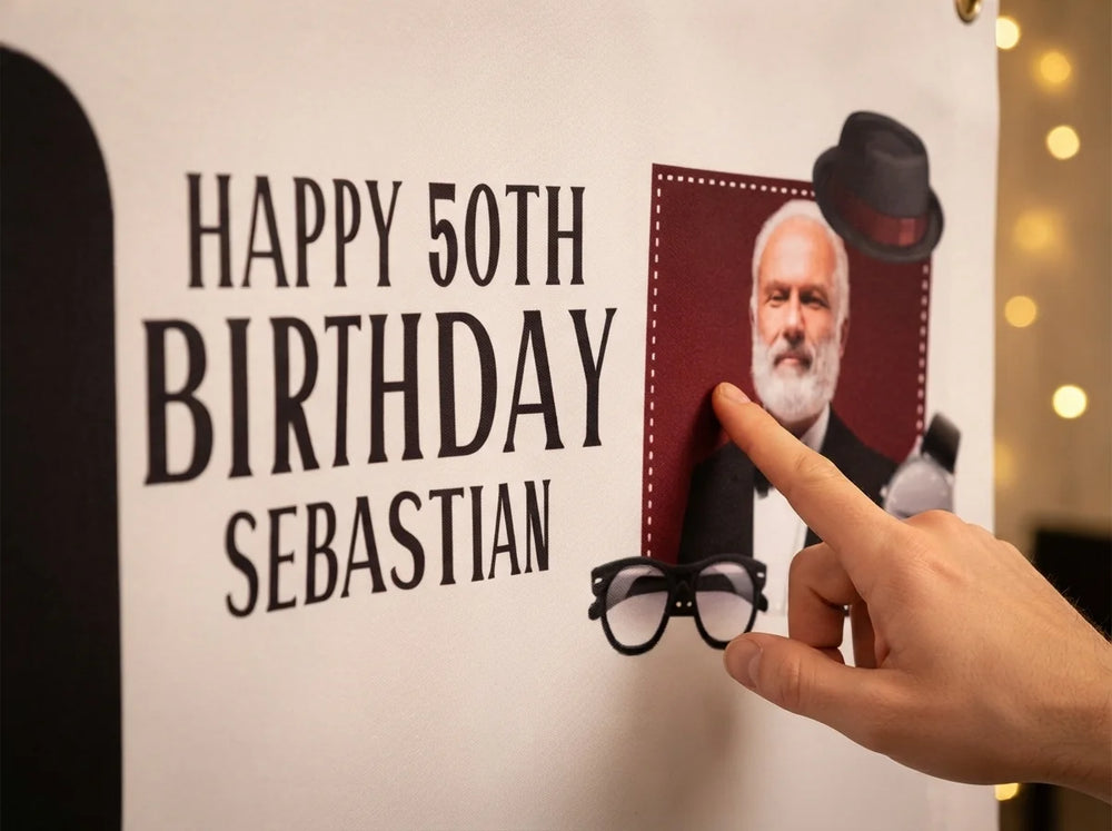 Close-up of the personalised name and photo printed on the Tuxedo Theme Birthday Party Banner