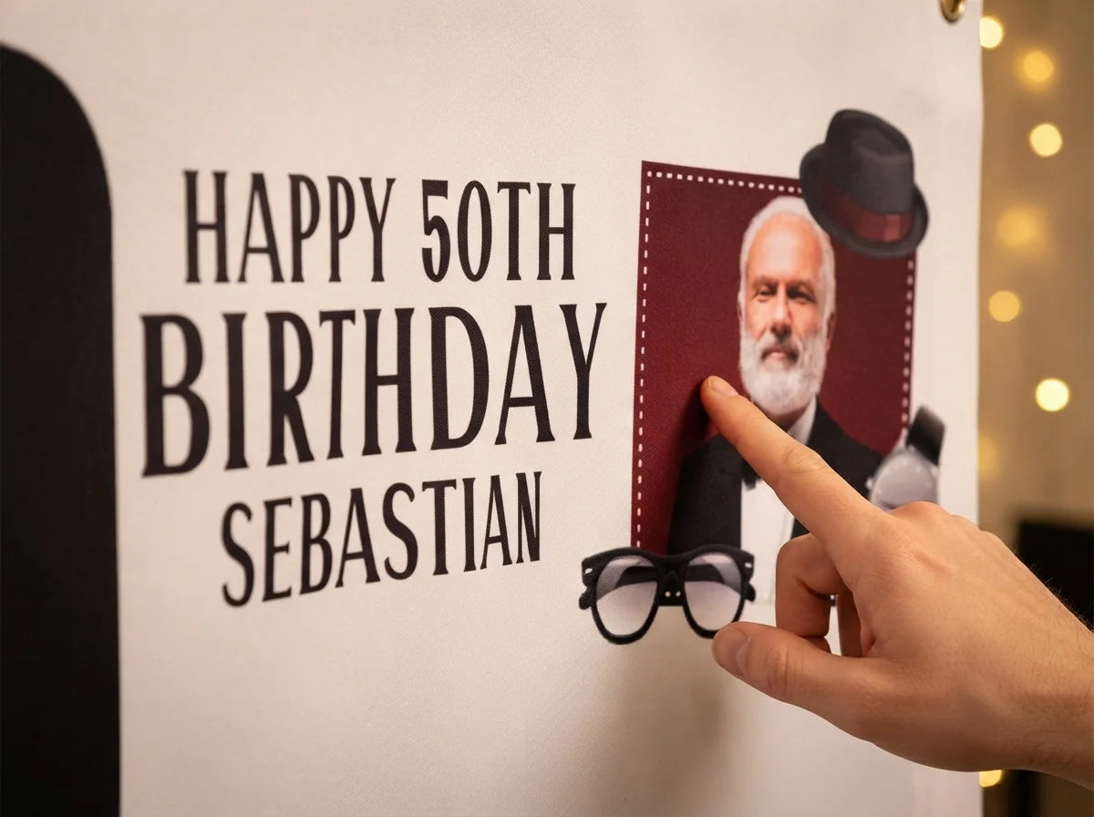 Close-up of the personalised name and photo printed on the Tuxedo Theme Birthday Party Banner