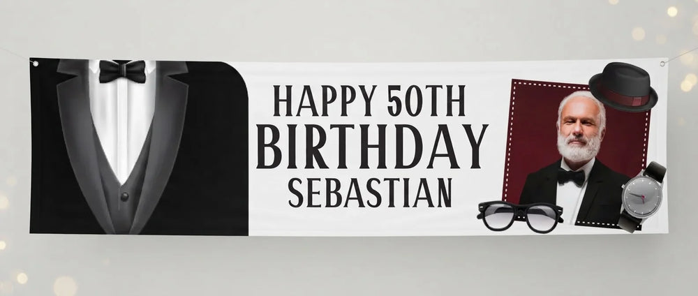 Personalised Tuxedo Theme Birthday Party Banner displayed against a plain studio background