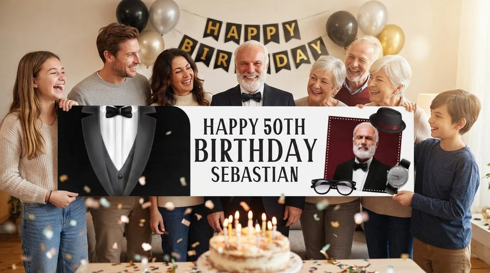 Friends and family celebrating with the personalised Tuxedo Theme Birthday Party Banner