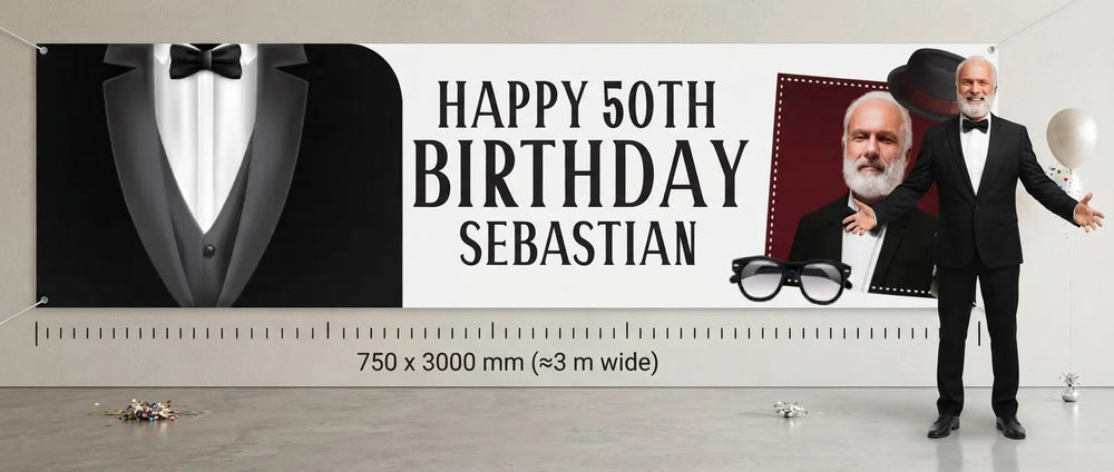 Person standing beside the Tuxedo Theme Birthday Party Banner for scale, with size guide showing 750 x 3000 mm