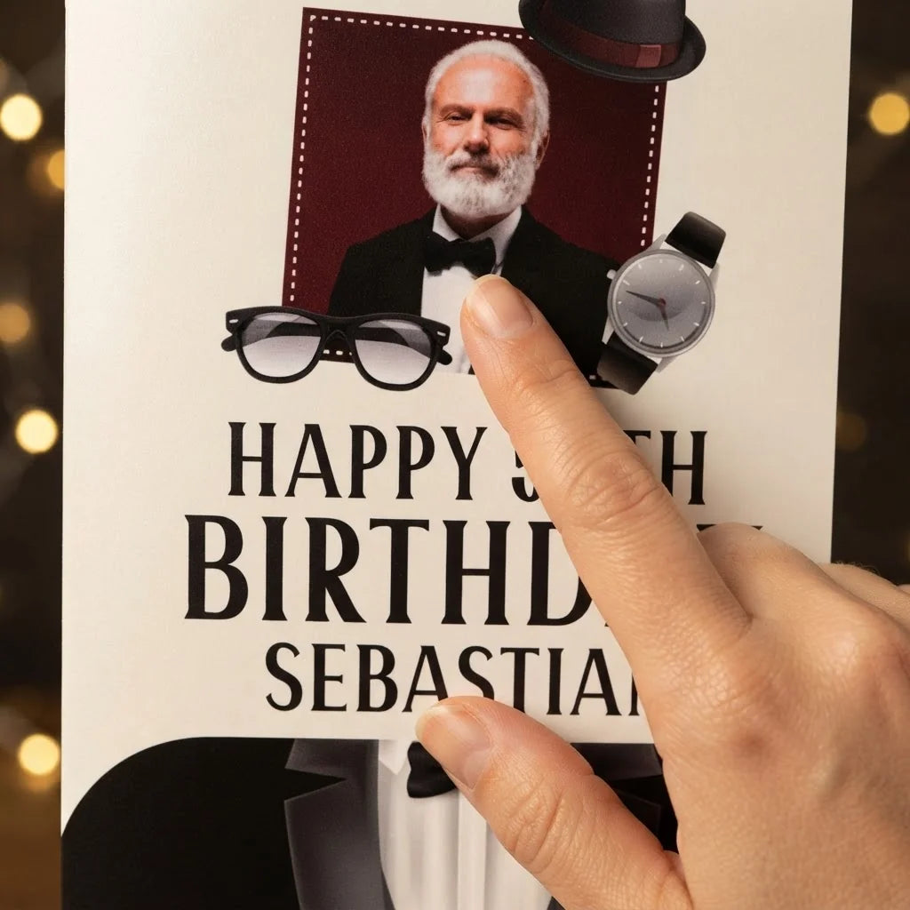 Close-up of the personalised name and photo printed on the Tuxedo Theme Birthday Party Mega Card