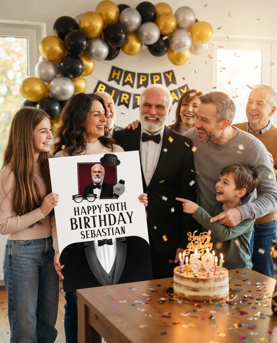 Friends and family celebrating with the personalised Tuxedo Theme Birthday Party Mega Card