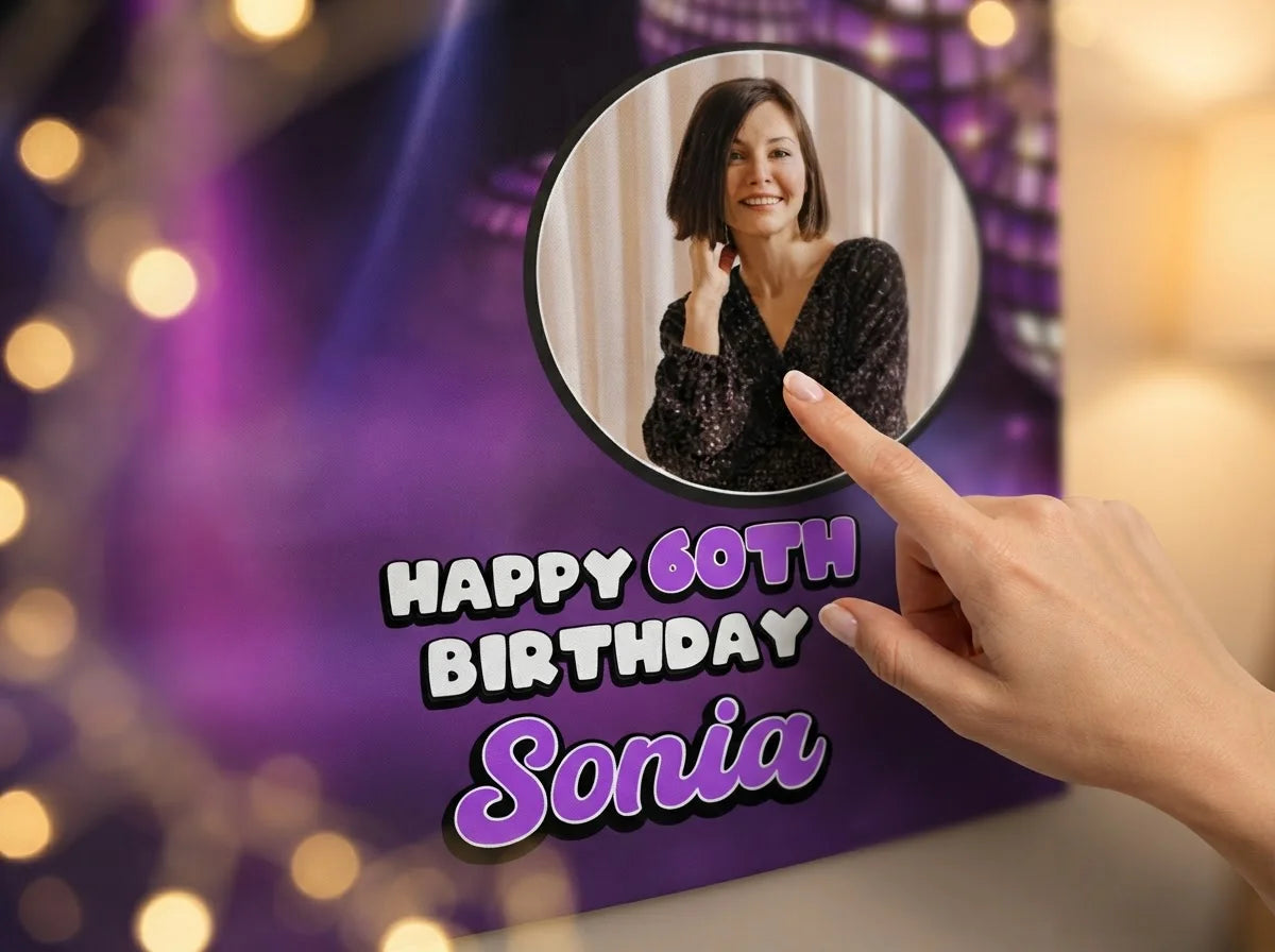 Close-up of the personalised name and photo printed on the Disco Theme Birthday Party Banner
