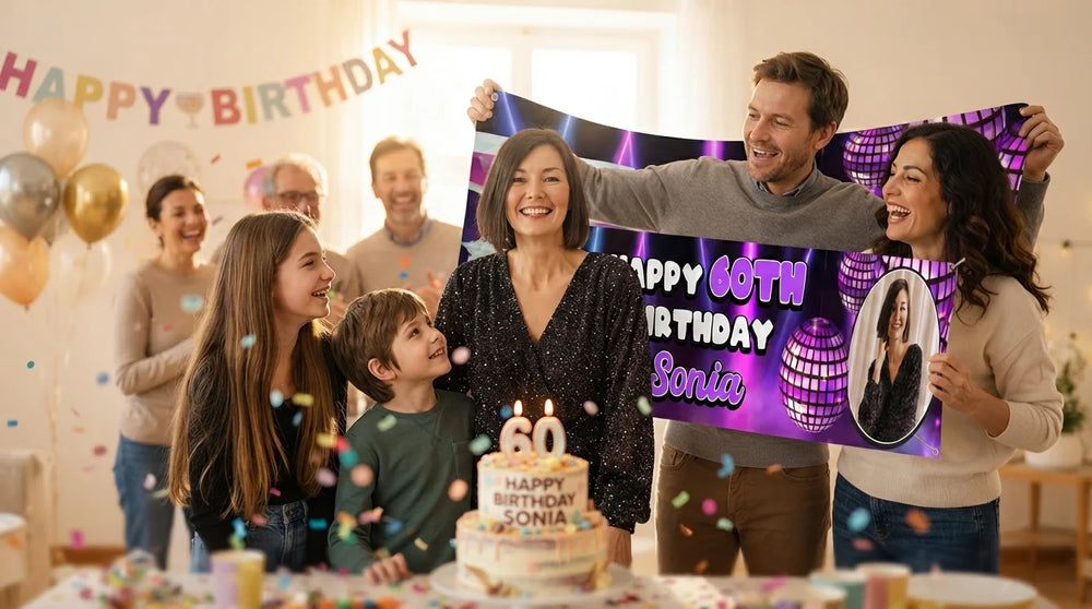 Friends and family celebrating with the personalised Disco Theme Birthday Party Banner