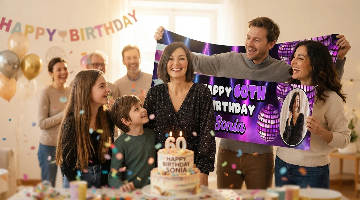 Friends and family celebrating with the personalised Disco Theme Birthday Party Banner
