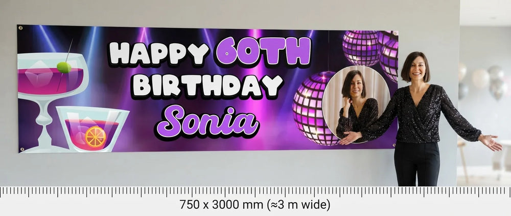 Person standing beside the Disco Theme Birthday Party Banner for scale, with size guide showing 750 x 3000 mm