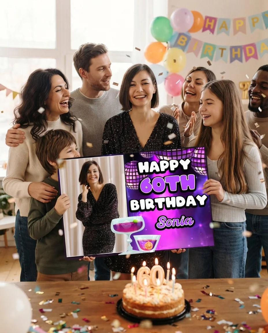 Friends and family celebrating with the personalised Disco Theme Birthday Party Mega Card