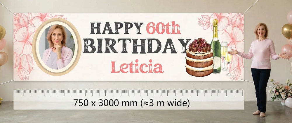 Person standing beside the Pink Vintage Birthday Party Banner for scale, with size guide showing 750 x 3000 mm