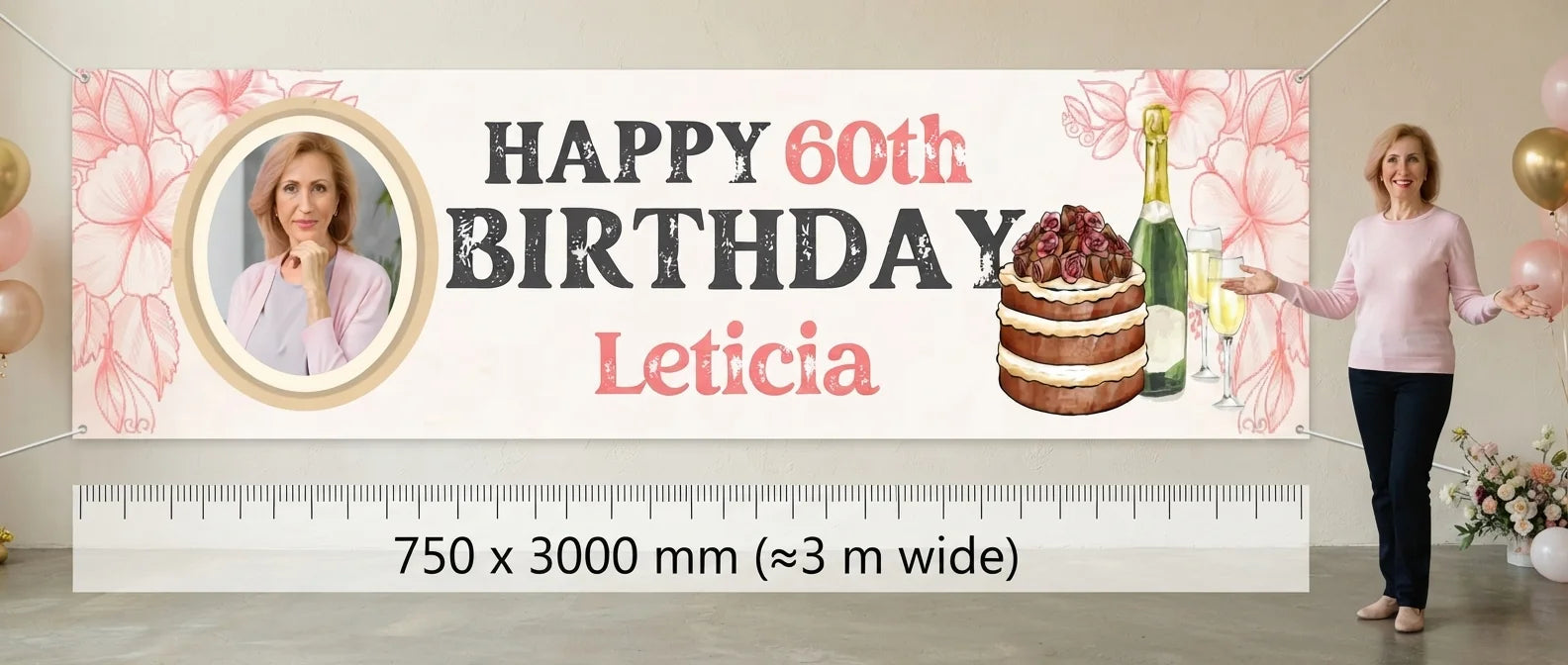 Person standing beside the Pink Vintage Birthday Party Banner for scale, with size guide showing 750 x 3000 mm