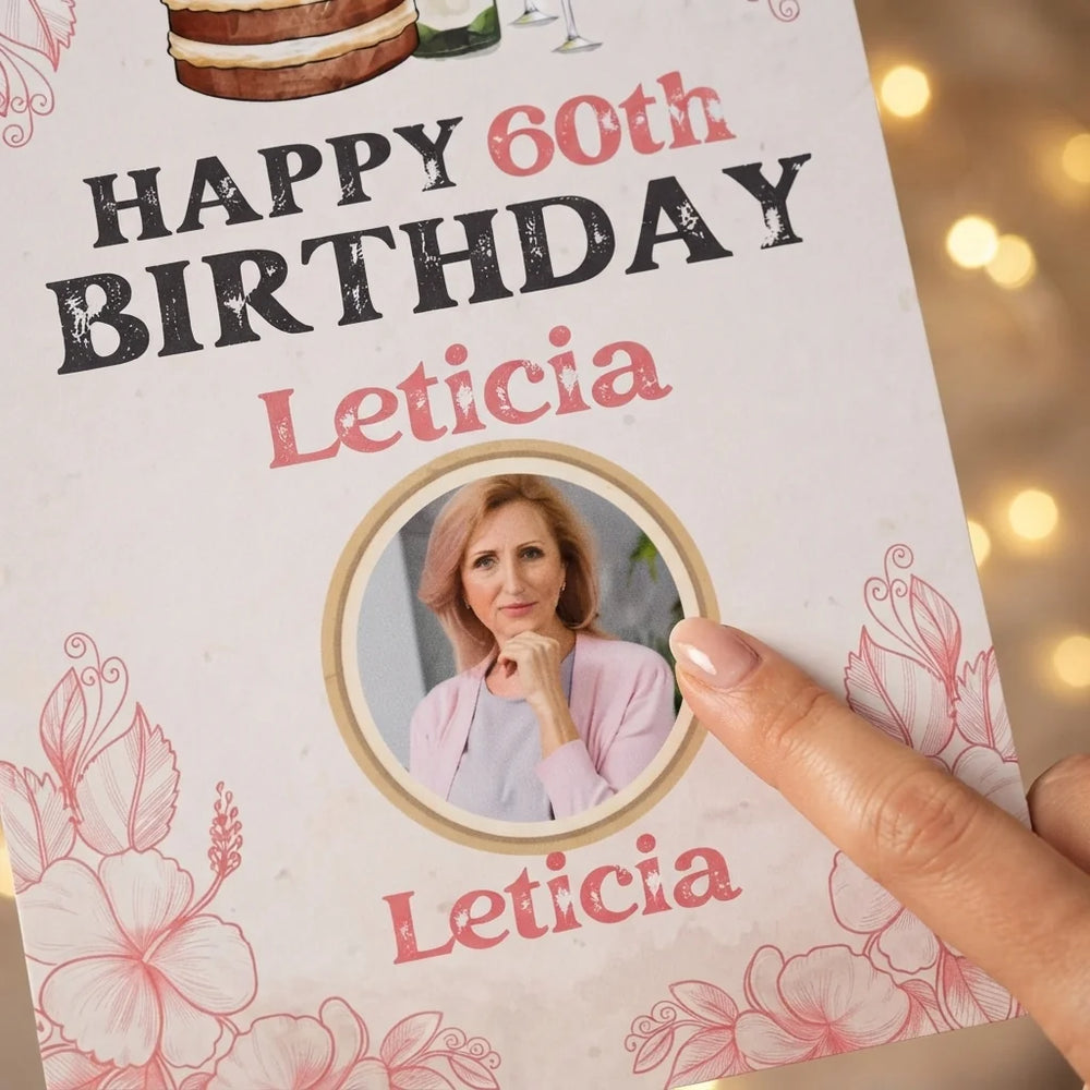 Close-up of the personalised name and photo printed on the Pink Vintage Birthday Party Mega Card