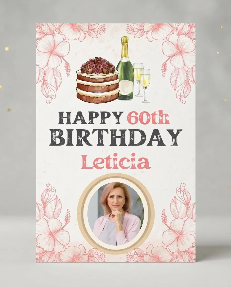 Personalised Pink Vintage Birthday Party Mega Card displayed against a plain studio background