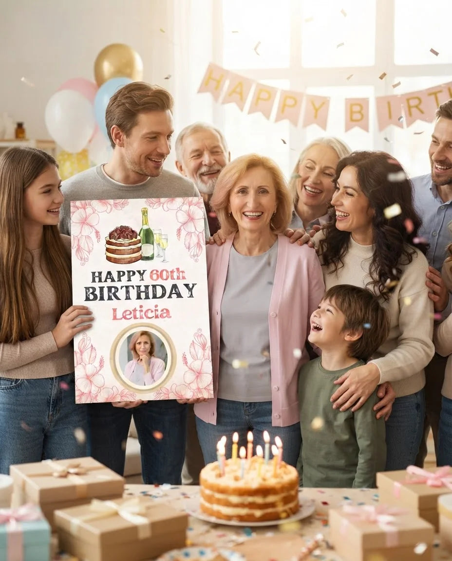 Friends and family celebrating with the personalised Pink Vintage Birthday Party Mega Card