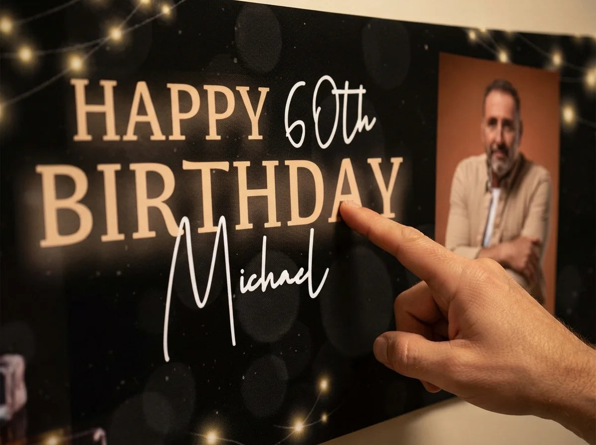 Close-up of the personalised name and photo printed on the Scotch Whiskey Birthday Party Banner