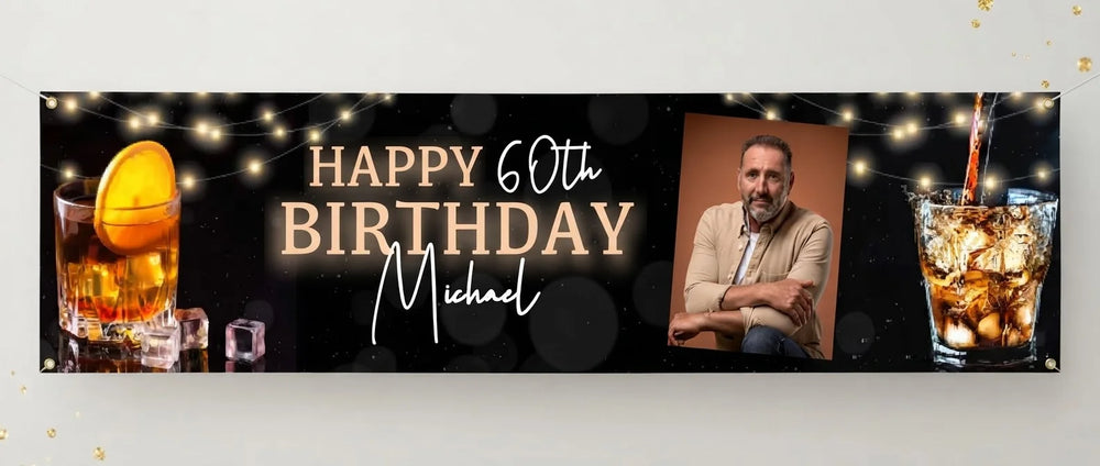 Personalised Scotch Whiskey Birthday Party Banner displayed against a plain studio background