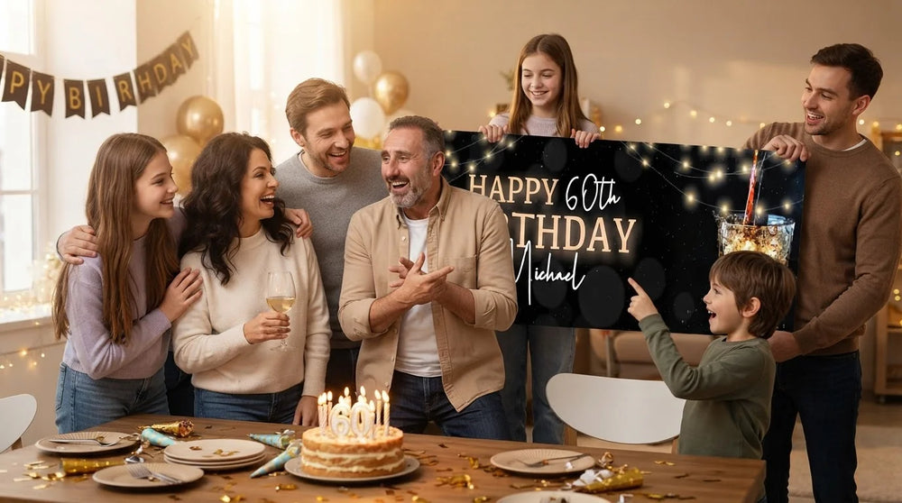 Friends and family celebrating with the personalised Scotch Whiskey Birthday Party Banner