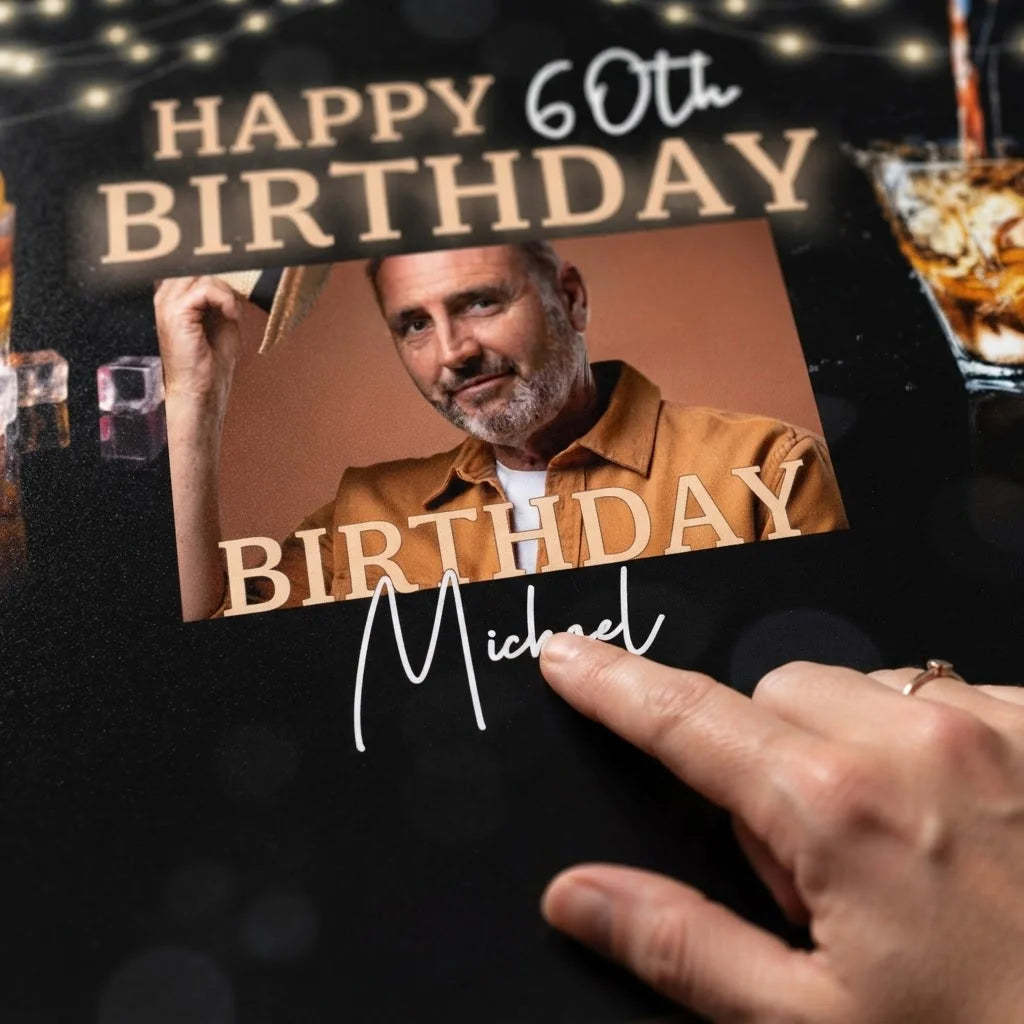 Close-up of the personalised name and photo printed on the Scotch Whiskey Birthday Party Mega Card