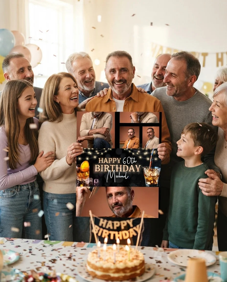 Friends and family celebrating with the personalised Scotch Whiskey Birthday Party Mega Card