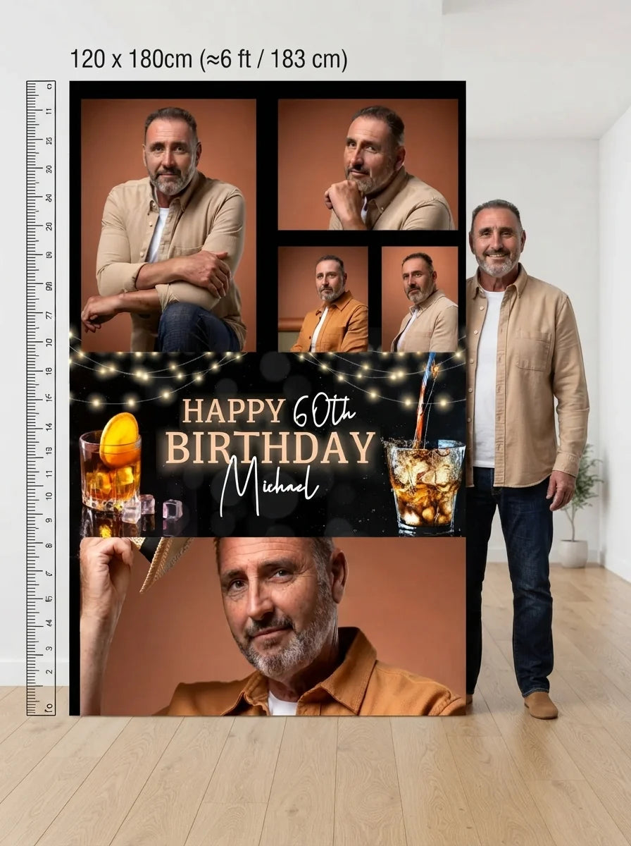 Person standing beside the Scotch Whiskey Birthday Party Mega Card for scale in a size guide