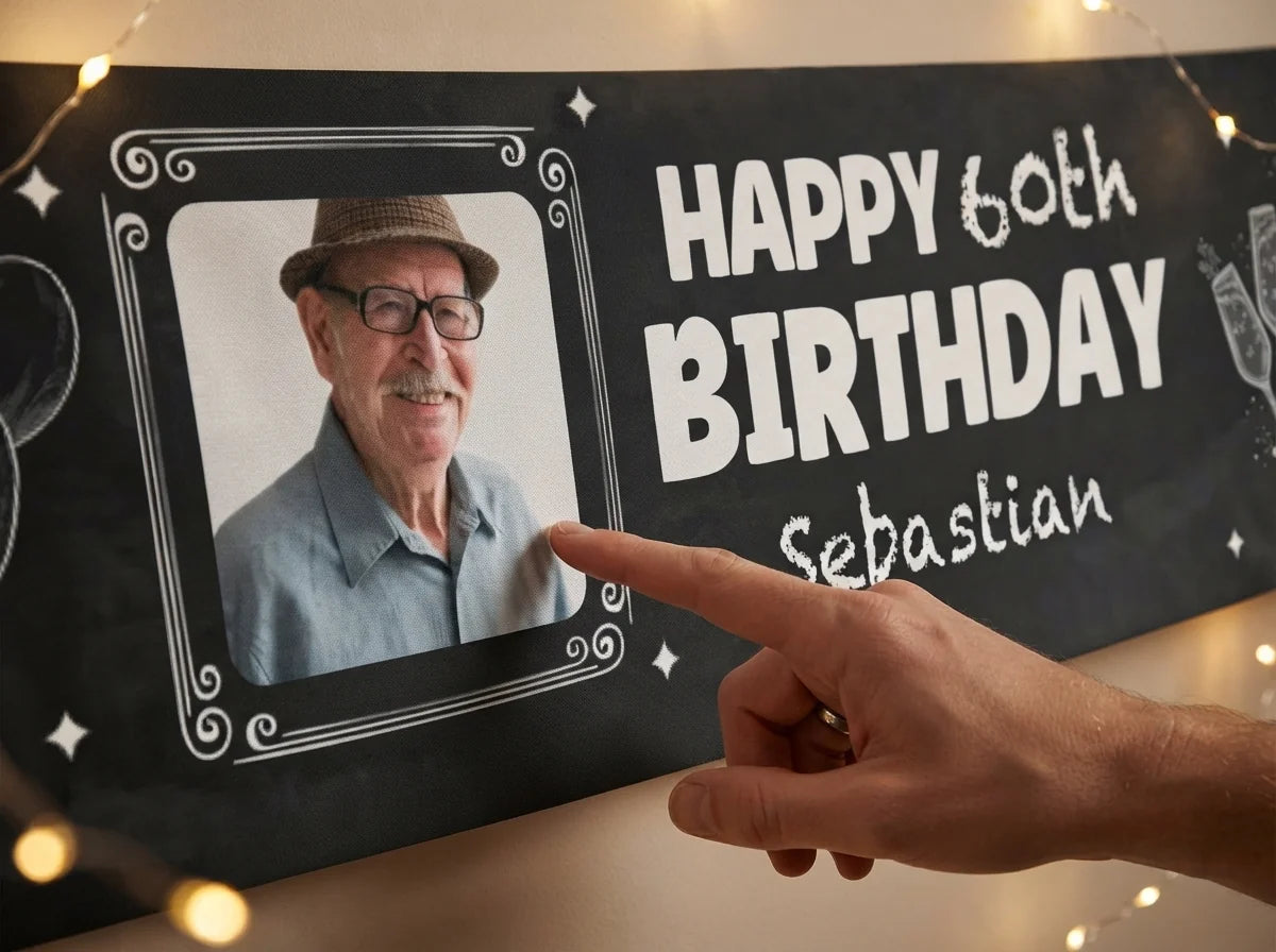 Close-up of the personalised name and photo printed on the Chalk Vintage Birthday Banner