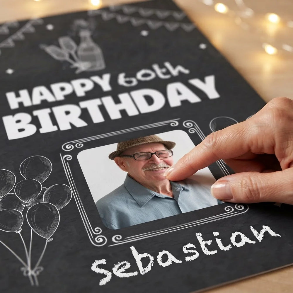 Close-up of the personalised name and photo printed on the Chalk Vintage Birthday Mega Card