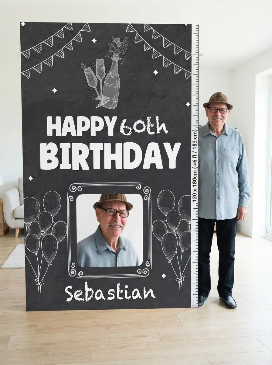 Person standing beside the Chalk Vintage Birthday Mega Card for scale in a size guide