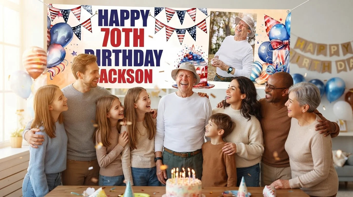 Friends and family celebrating with the personalised 4th of July Birthday Party Banner