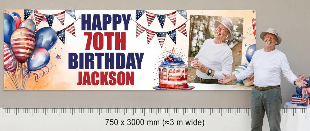 Person standing beside the 4th of July Birthday Party Banner for scale, with size guide showing 750 x 3000 mm