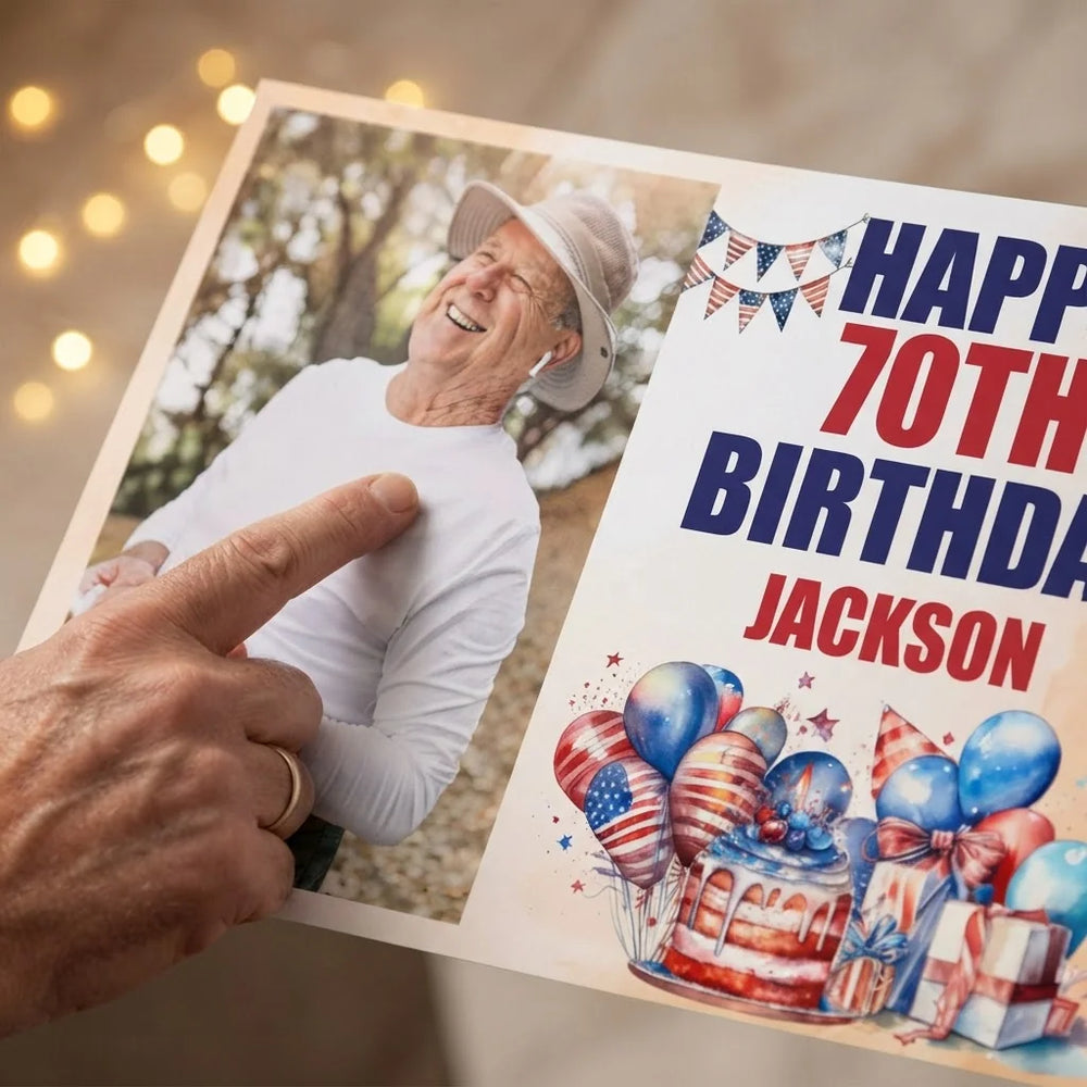 Close-up of the personalised name and photo printed on the 4th of July Birthday Party Mega Card