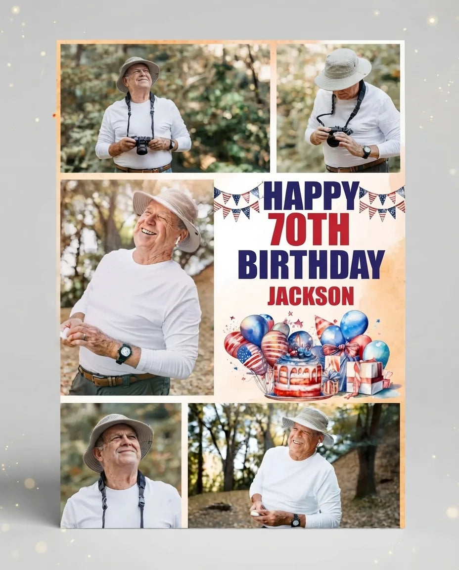 Personalised 4th of July Birthday Party Mega Card displayed against a plain studio background