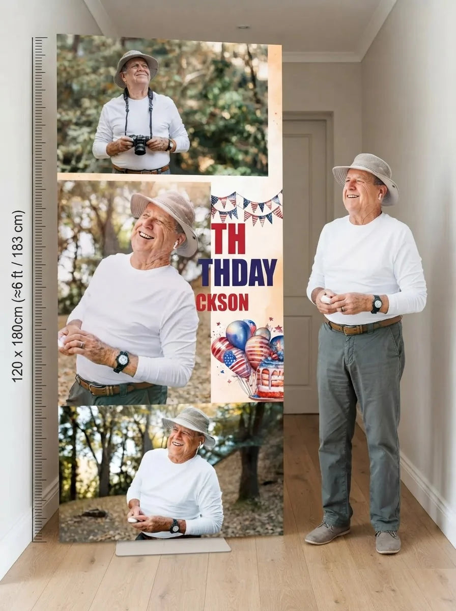 Person standing beside the 4th of July Birthday Party Mega Card for scale in a size guide