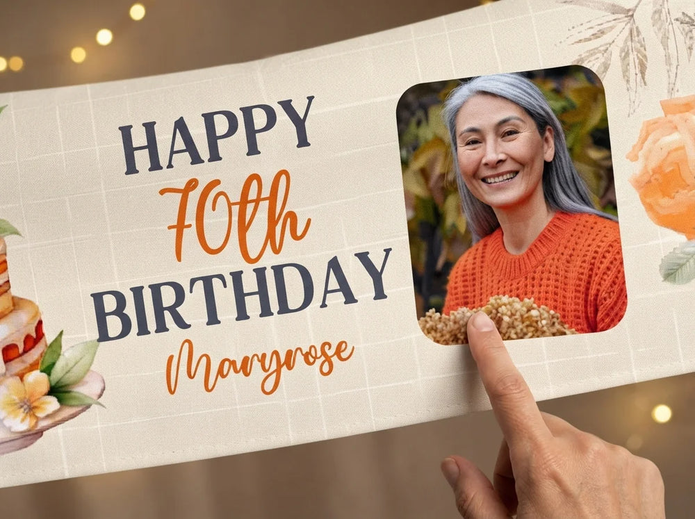 Close-up of the personalised name and photo printed on the Orange Floral Theme Birthday Party Banner