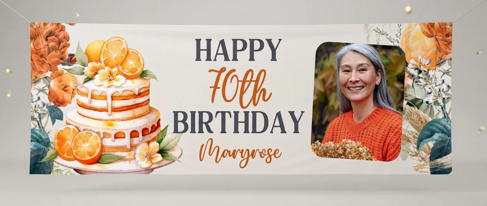 Personalised Orange Floral Theme Birthday Party Banner displayed against a plain studio background